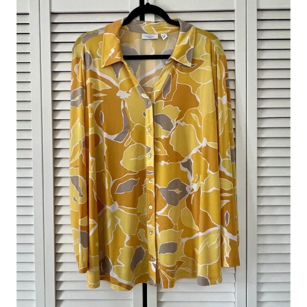 Susan Graver Passport Printed Liquid Knit A-Line Shirt Lemon / Taupe 2X A630799